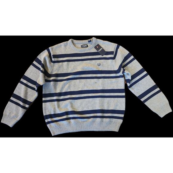 NWT Mens CHAPS Classic Crewneck Sweater XXL Steel Gray n Blue Striped Cotton - Picture 1 of 7